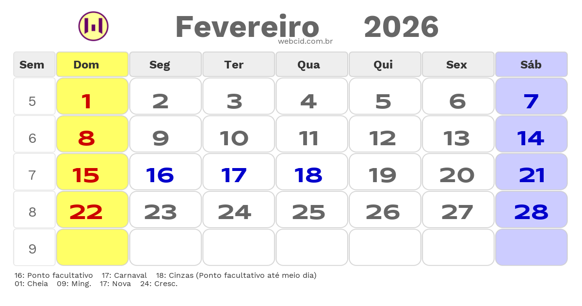 Calendário 2026 - Fevereiro - Guarantã do Norte-MT com feriados e fases da lua