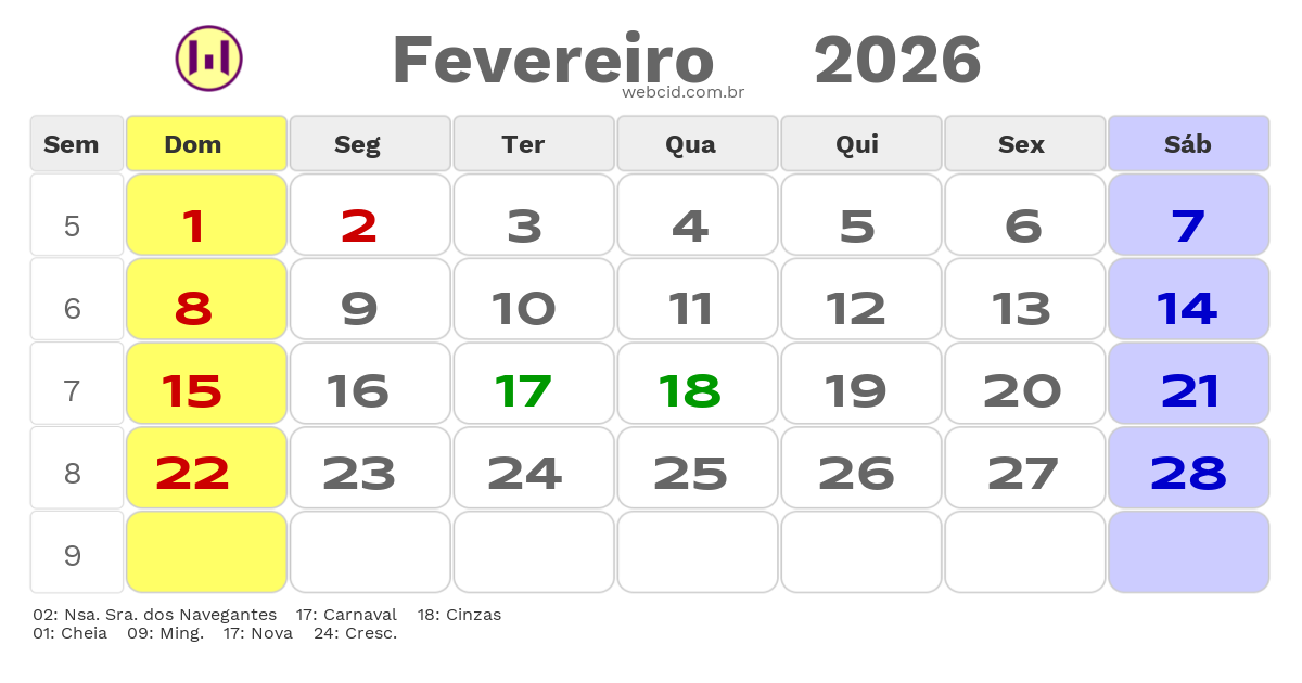 Calendário 2026 - Fevereiro - Canoas-RS com feriados e fases da lua