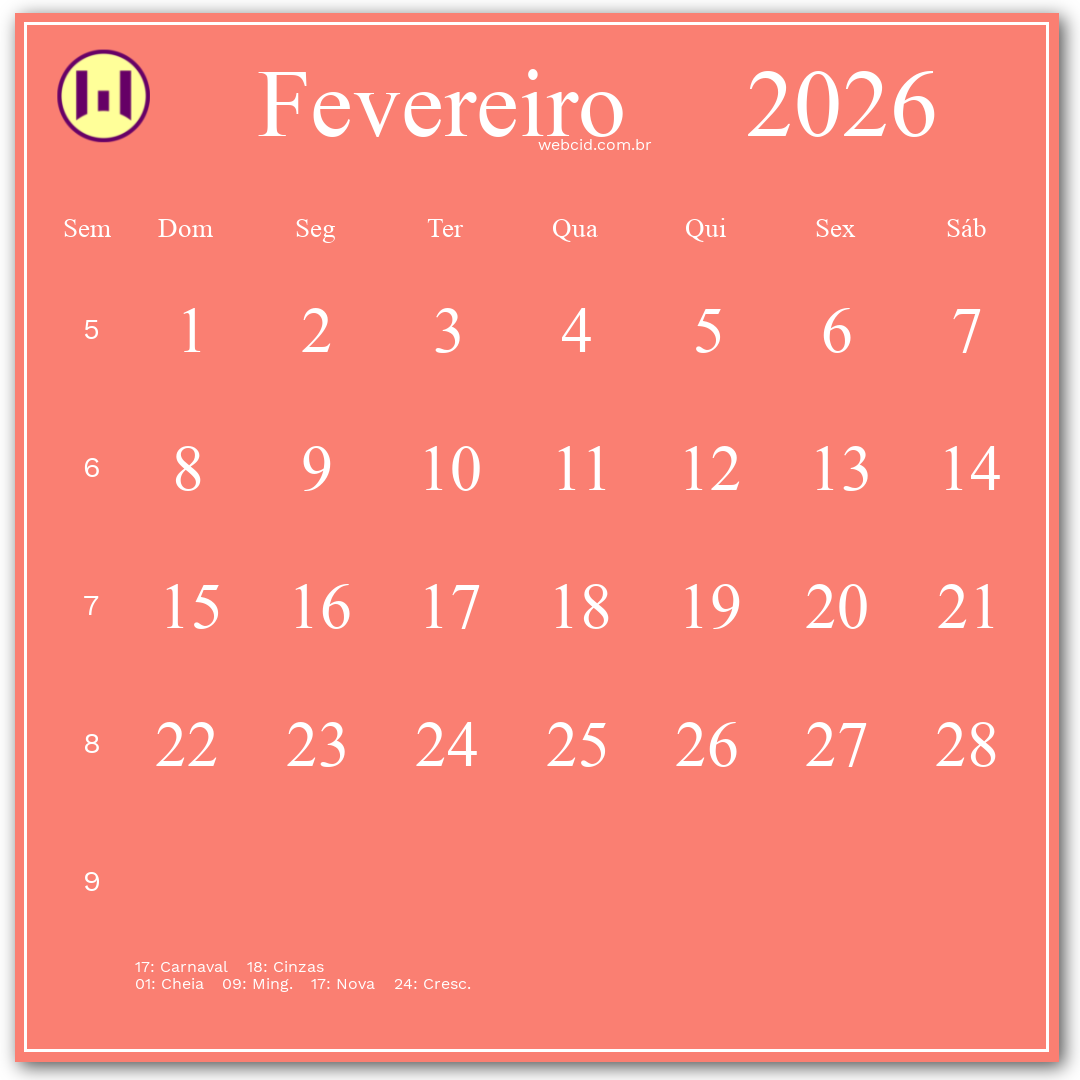 Calendário 2026 - Fevereiro - Brasil com feriados e fases da lua