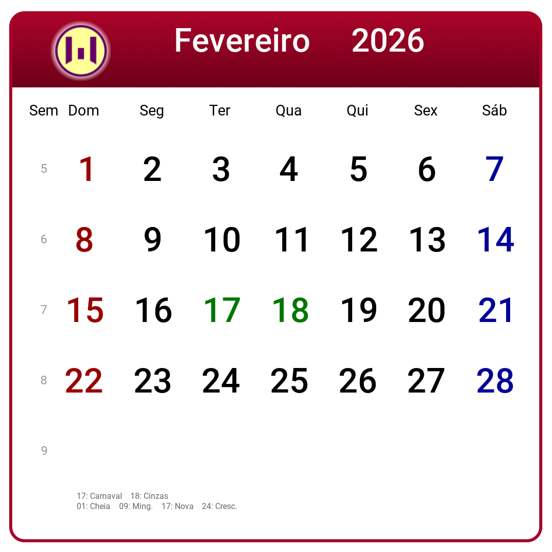 Calendário 2026 - Fevereiro - Brasil com feriados e fases da lua