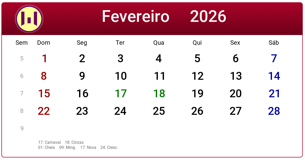 Calendário 2026 - Fevereiro - Brasil com feriados e fases da lua