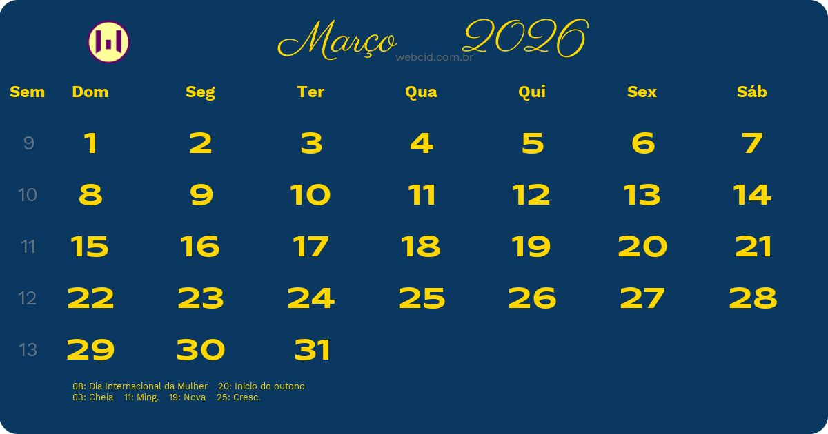 Calendário 2026 - Março - Brasil com feriados e fases da lua