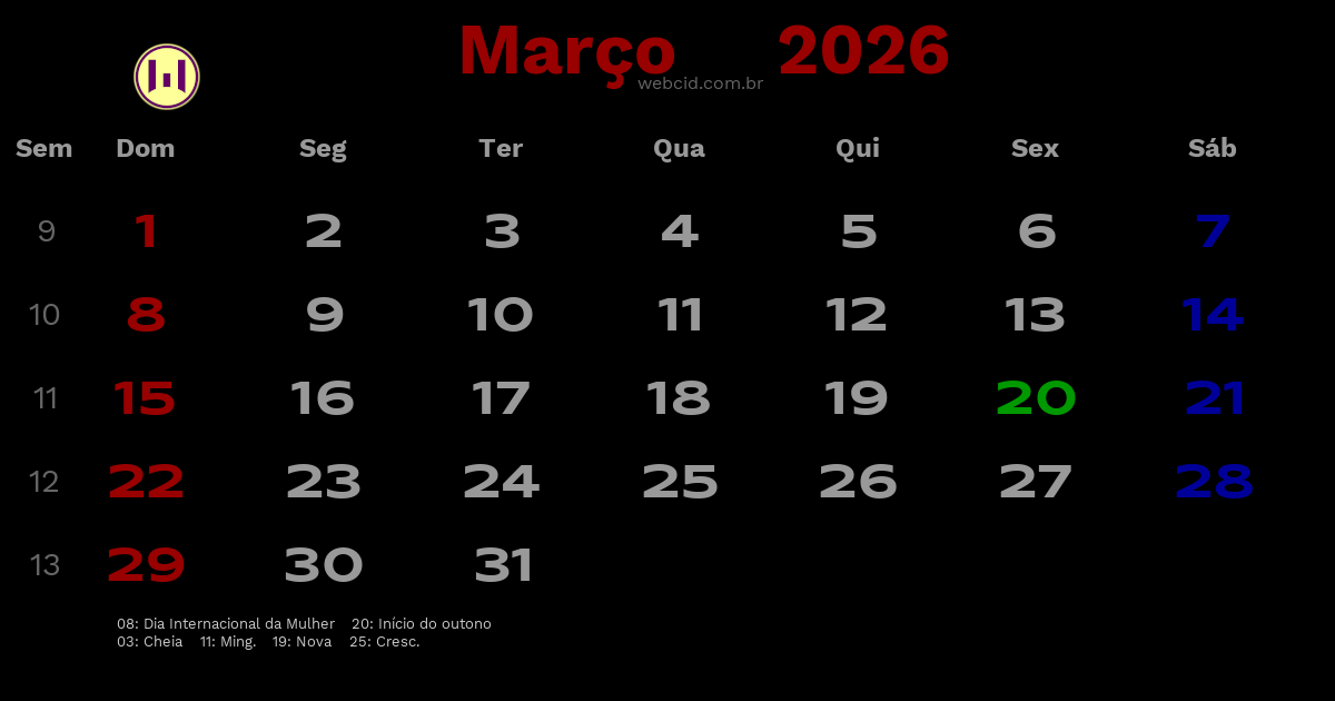 Calendário 2026 - Março - Brasil com feriados e fases da lua