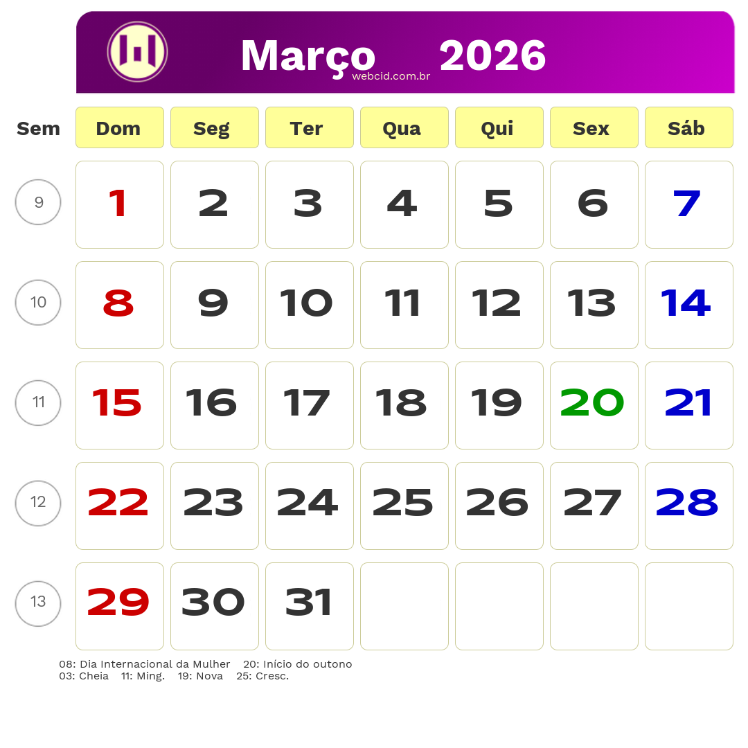 Calendário 2026 - Março - Brasil com feriados e fases da lua