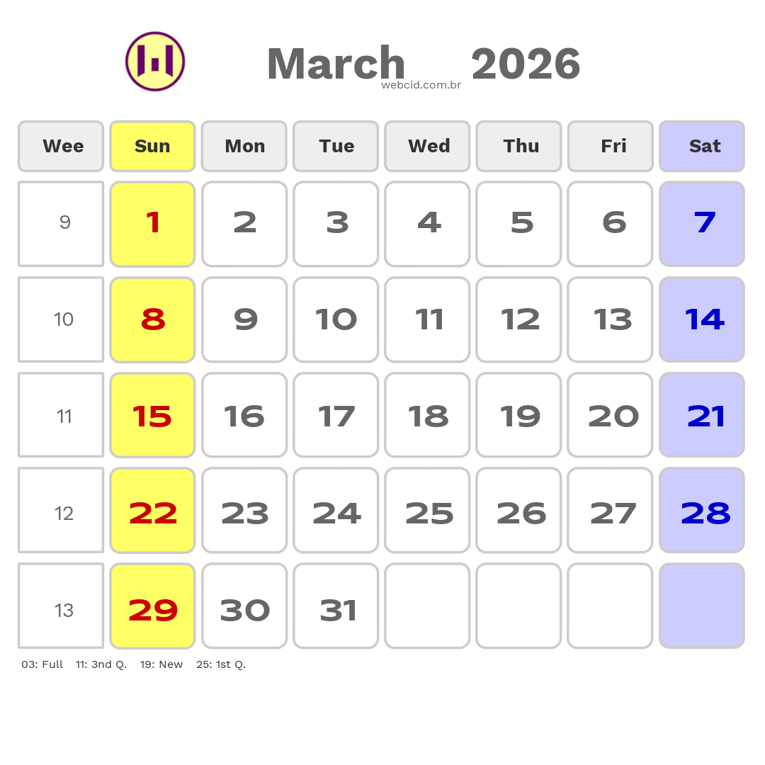 Calendar 2026 - March - Austrália com feriados e fases da lua