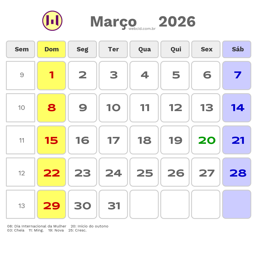 Calendário 2026 - Março - Brasil com feriados e fases da lua
