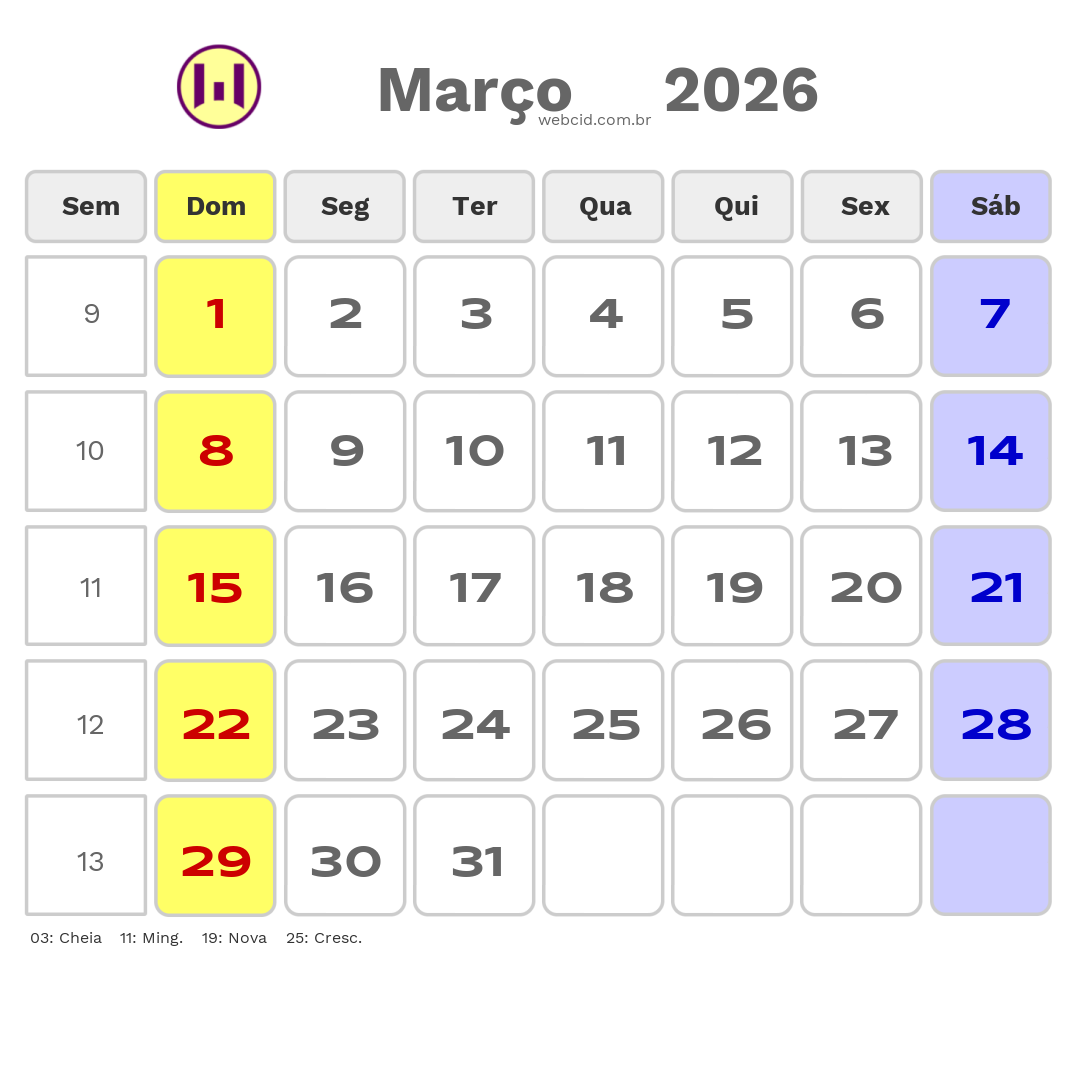 Calendário 2026 - Março - Cabo Verde com feriados e fases da lua