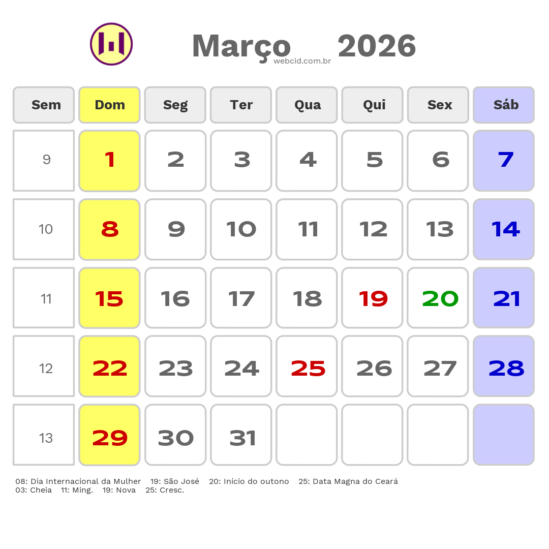 Calendário 2026 - Março - Sao Goncalo do Amarante-CE com feriados e fases da lua