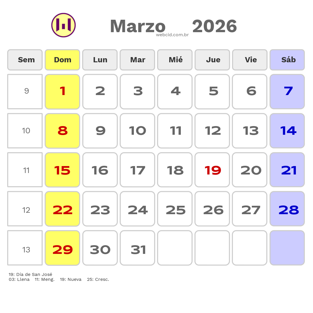 Calendario 2026 - Marzo - Colômbia com feriados e fases da lua