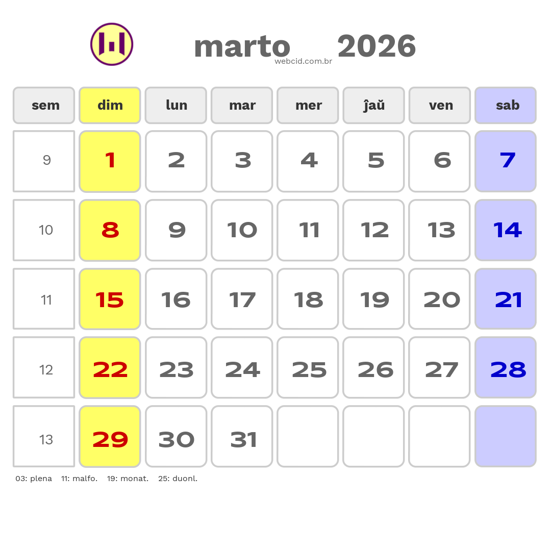 Kalendaro 2026 - marto - Esperanto-ESPERANTO com feriados e fases da lua