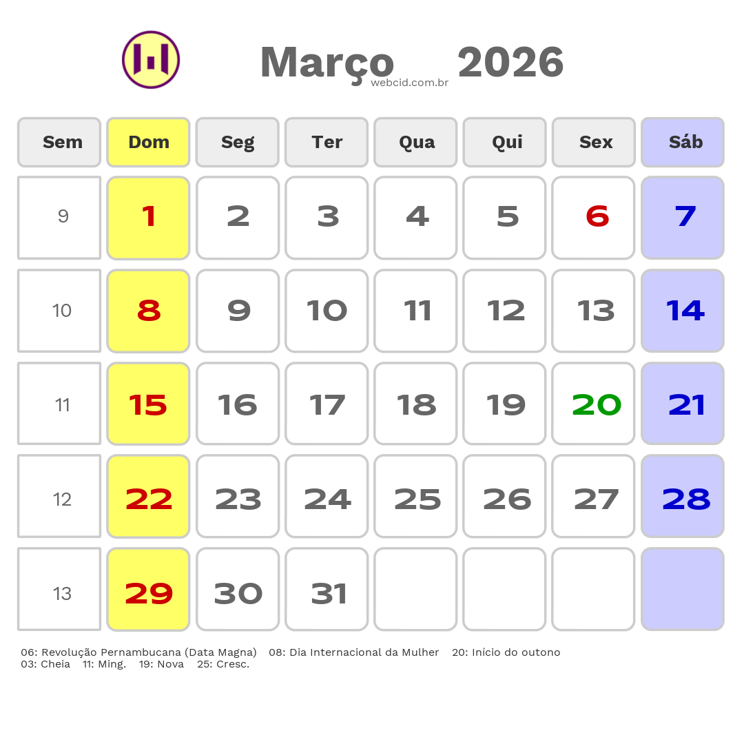 Calendário 2026 - Março - Trindade-PE com feriados e fases da lua