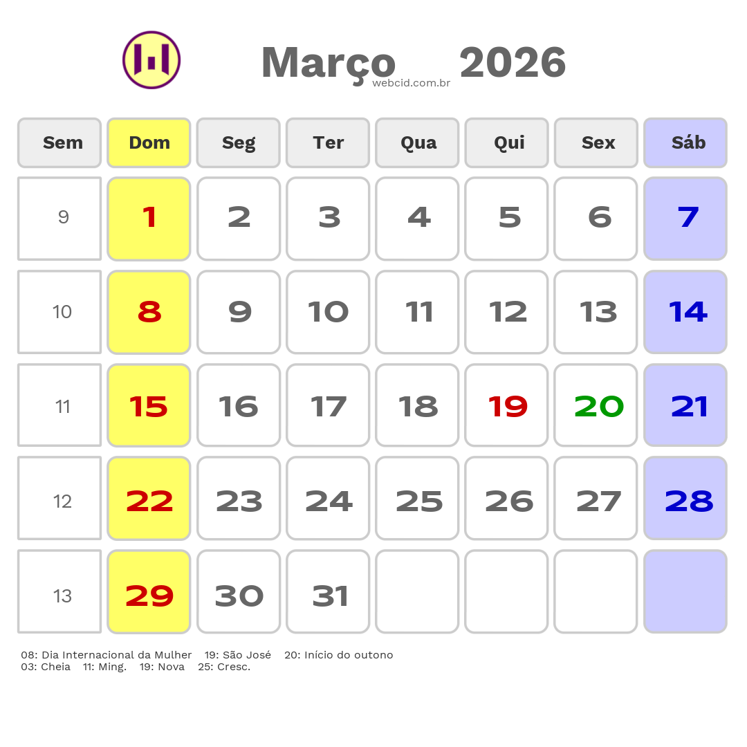 Calendário 2026 - Março - Itaperuna-RJ com feriados e fases da lua
