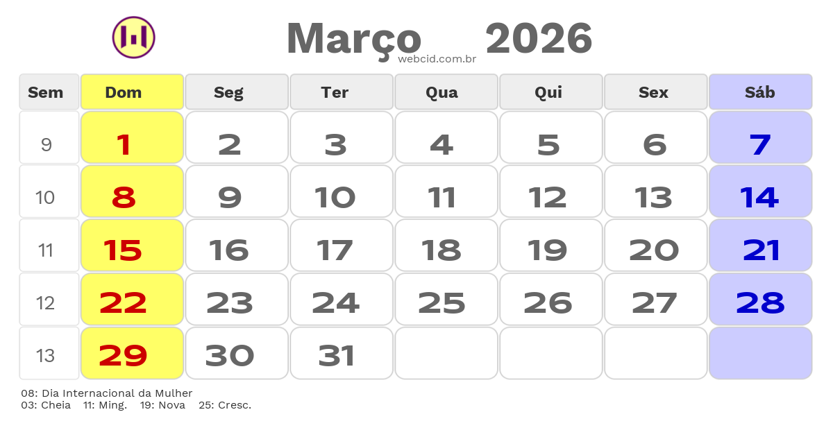 Calendário 2026 - Março - Angola com feriados e fases da lua