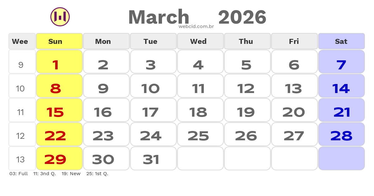 Calendar 2026 - March - Austrália com feriados e fases da lua