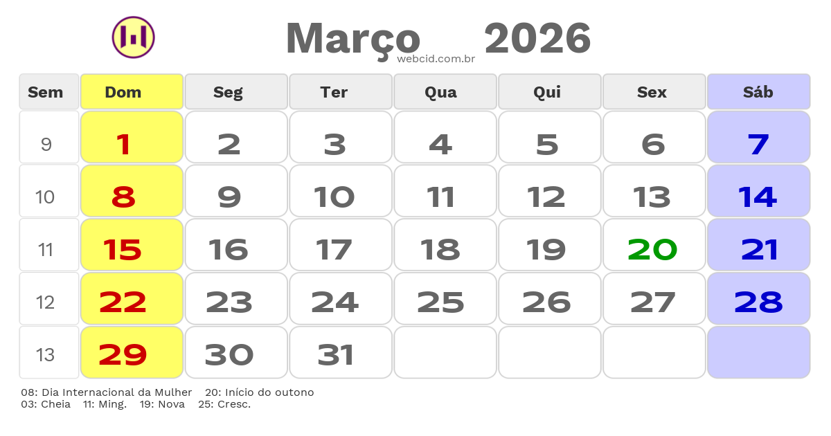 Calendário 2026 - Março - Brasil com feriados e fases da lua