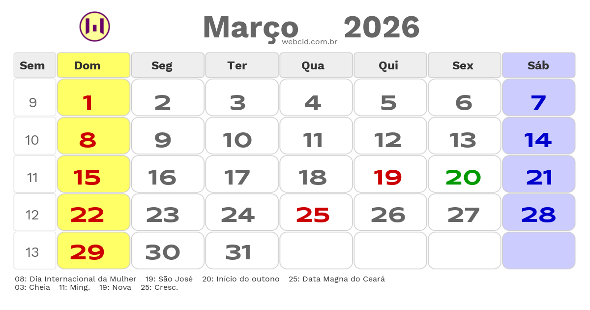 Calendário 2026 - Março - Sao Goncalo do Amarante-CE com feriados e fases da lua