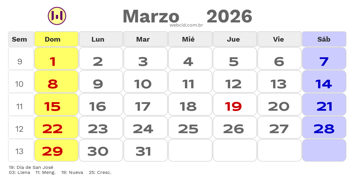 Calendario 2026 - Marzo - Colômbia com feriados e fases da lua