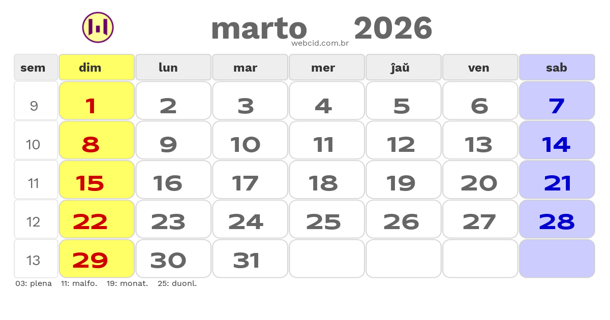 Kalendaro 2026 - marto - Esperanto-ESPERANTO com feriados e fases da lua