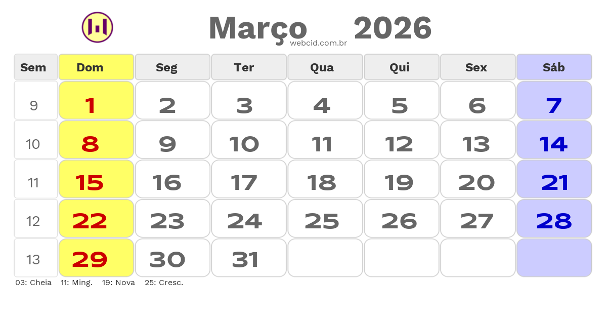 Calendário 2026 - Março - Feriados Bancários com feriados e fases da lua