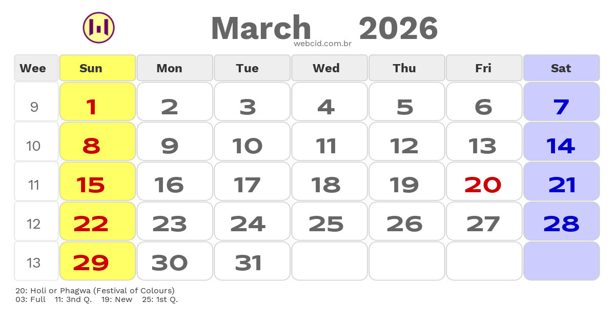 Calendar 2026 - March - Guyana com feriados e fases da lua
