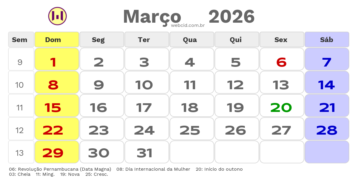 Calendário 2026 - Março - Trindade-PE com feriados e fases da lua
