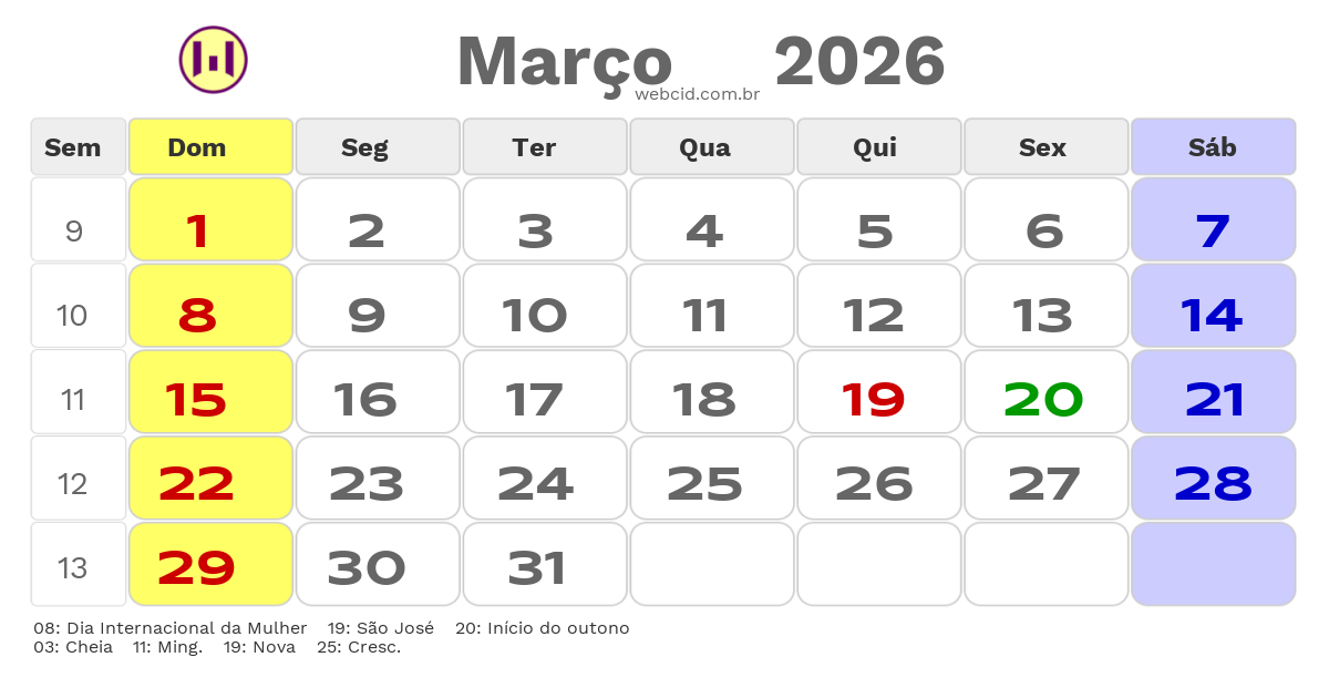 Calendário 2026 - Março - Itaperuna-RJ com feriados e fases da lua