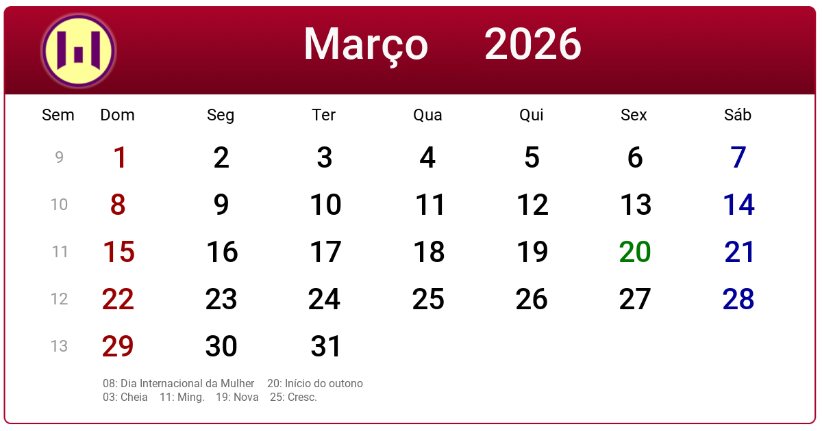 Calendário 2026 - Março - Brasil com feriados e fases da lua