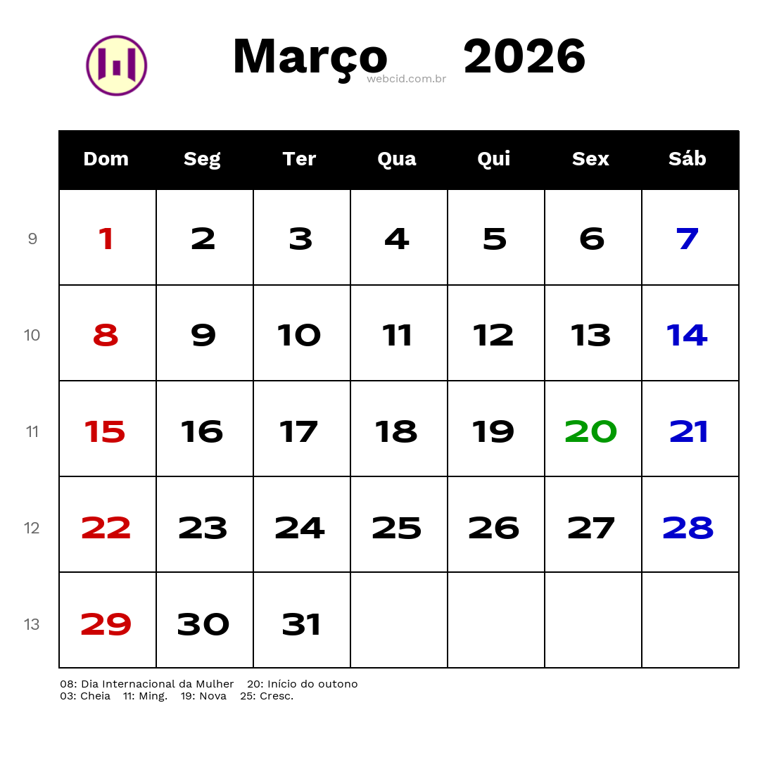 Calendário 2026 - Março - Brasil com feriados e fases da lua
