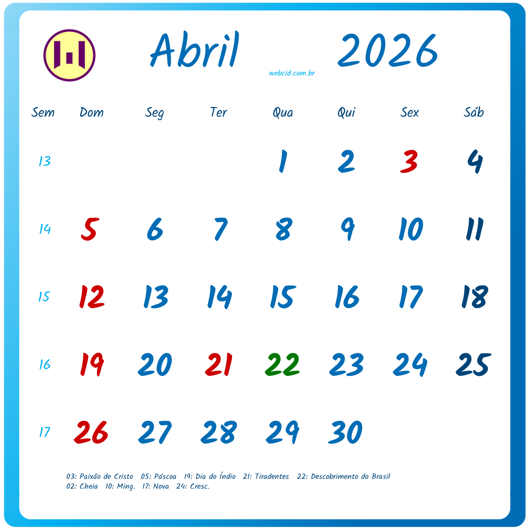 Calendário 2026 - Abril - Brasil com feriados e fases da lua