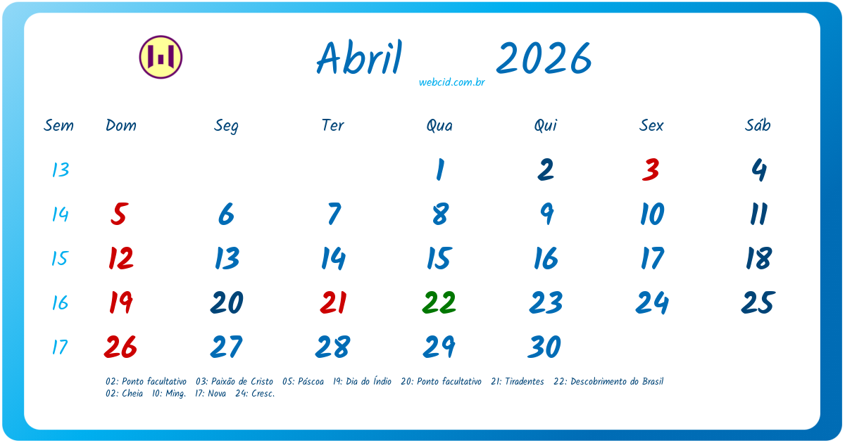 Calendário 2026 - Abril - Brasil com feriados e fases da lua