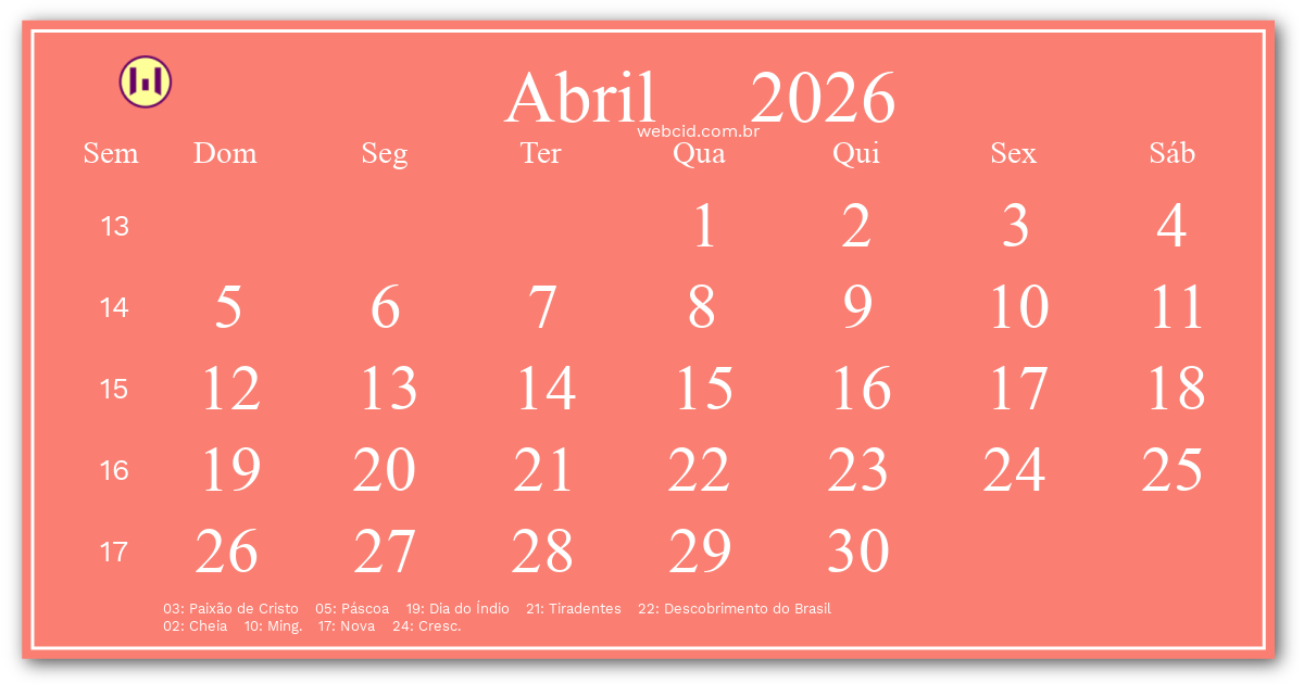 Calendário 2026 - Abril - Brasil com feriados e fases da lua