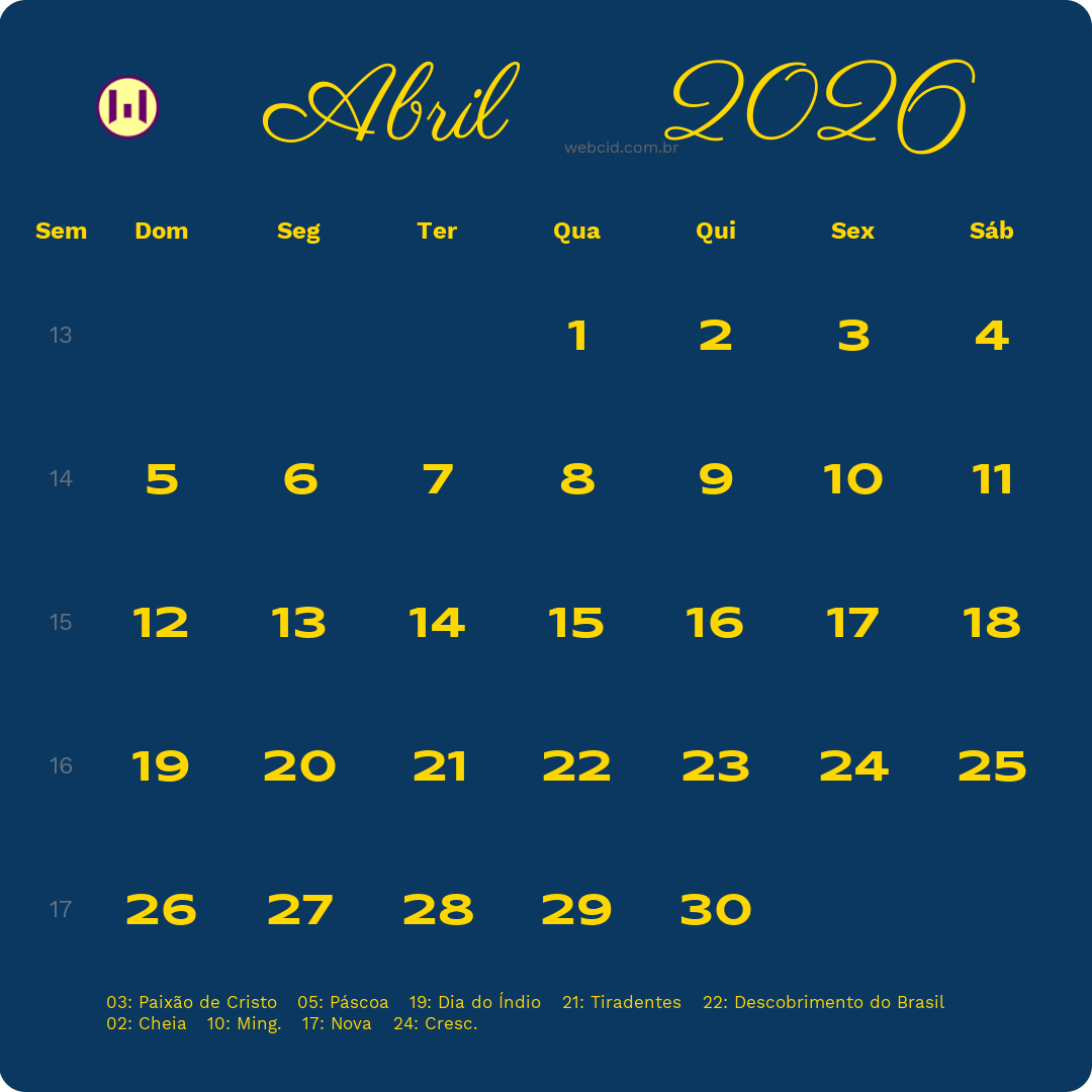 Calendário 2026 - Abril - Brasil com feriados e fases da lua