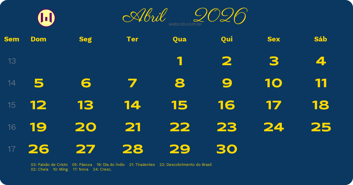 Calendário 2026 - Abril - Brasil com feriados e fases da lua