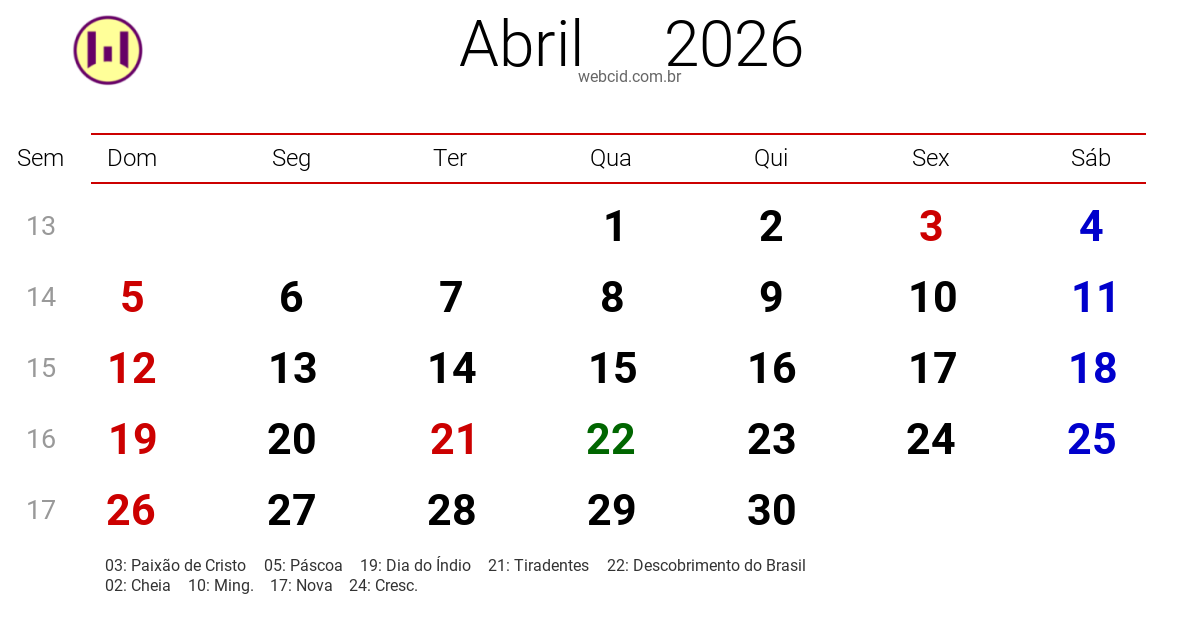 Calendário 2026 - Abril - Brasil com feriados e fases da lua