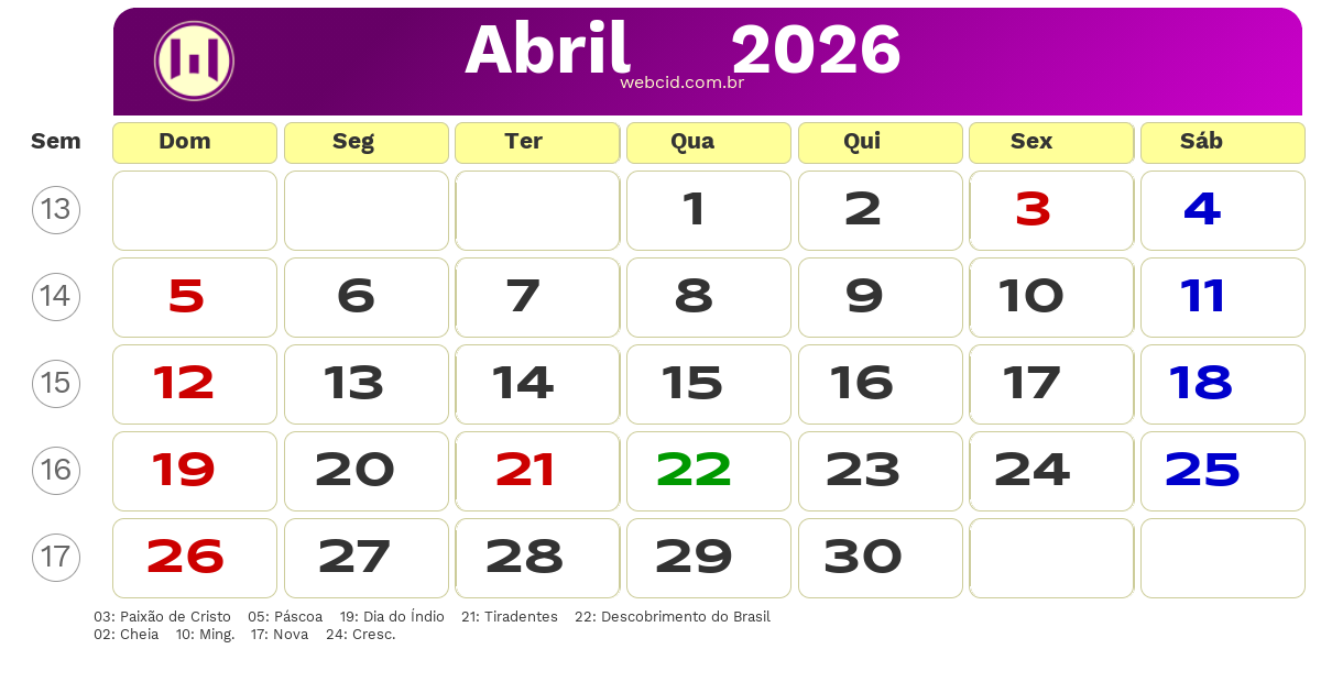 Calendário 2026 - Abril - Brasil com feriados e fases da lua