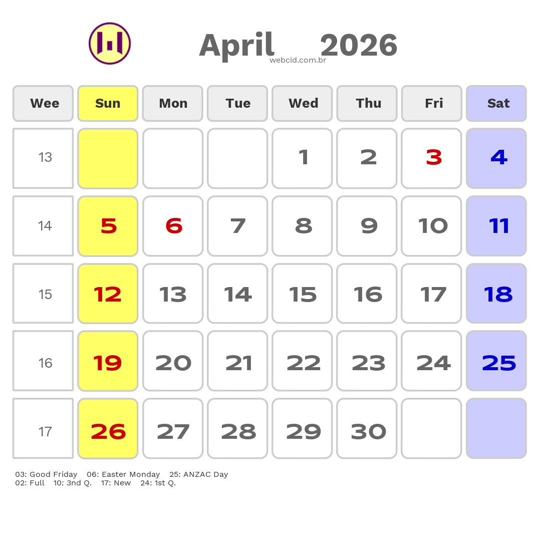 Calendar 2026 - April - Austrália com feriados e fases da lua