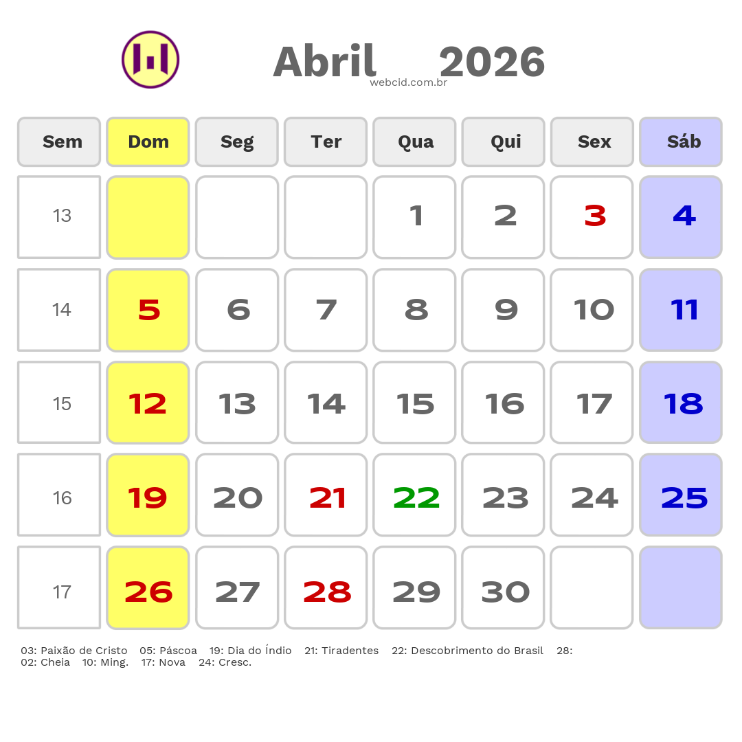Calendário 2026 - Abril - Filadelfia-BA com feriados e fases da lua