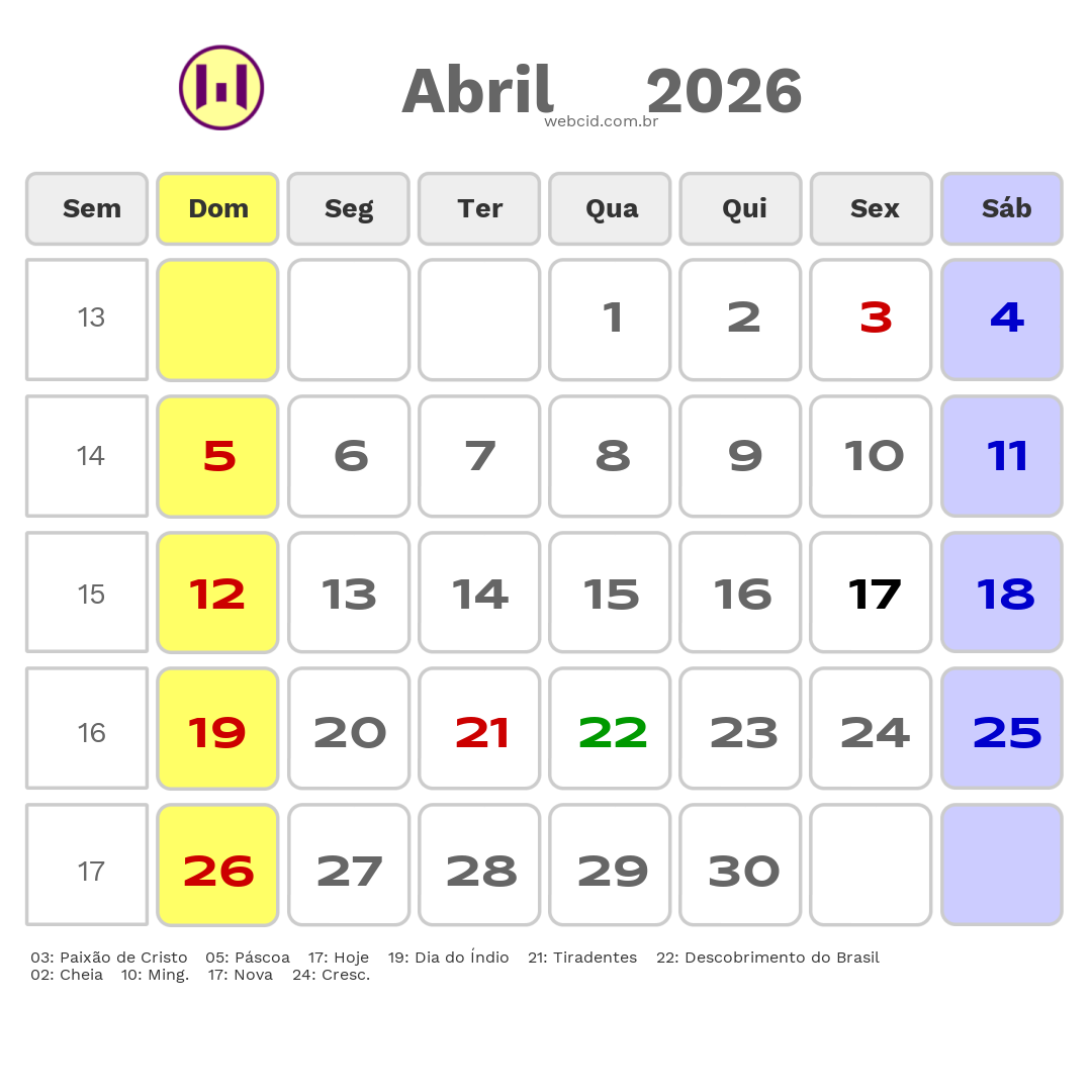 Calendário 2026 - Abril - Brasil com feriados e fases da lua