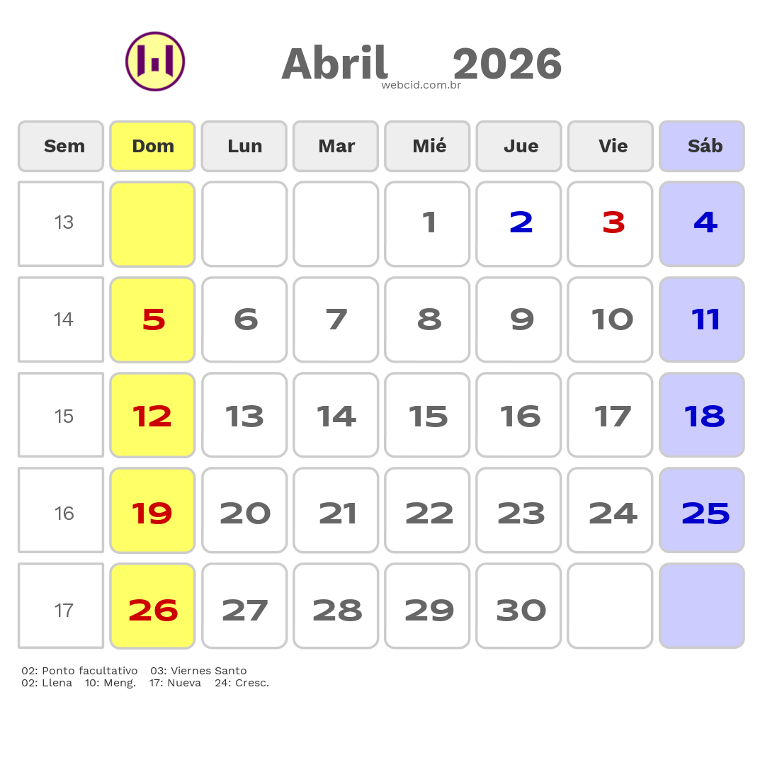 Calendario 2026 - Abril - Chile com feriados e fases da lua