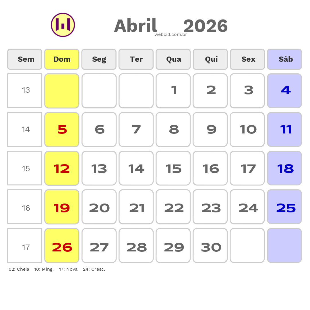 Calendário 2026 - Abril - Copa do Mundo FIFA com feriados e fases da lua