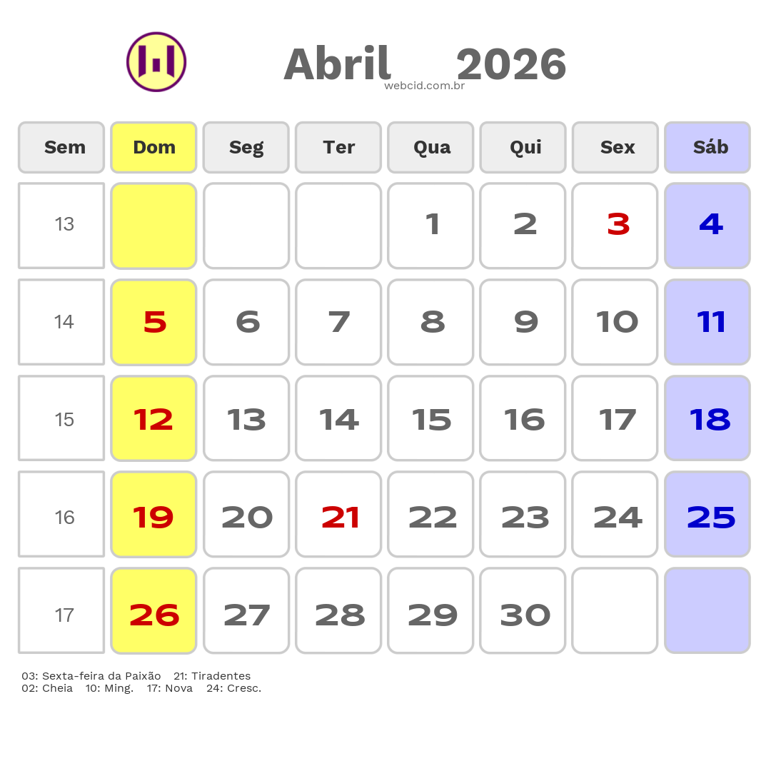Calendário 2026 - Abril - Feriados Bancários com feriados e fases da lua