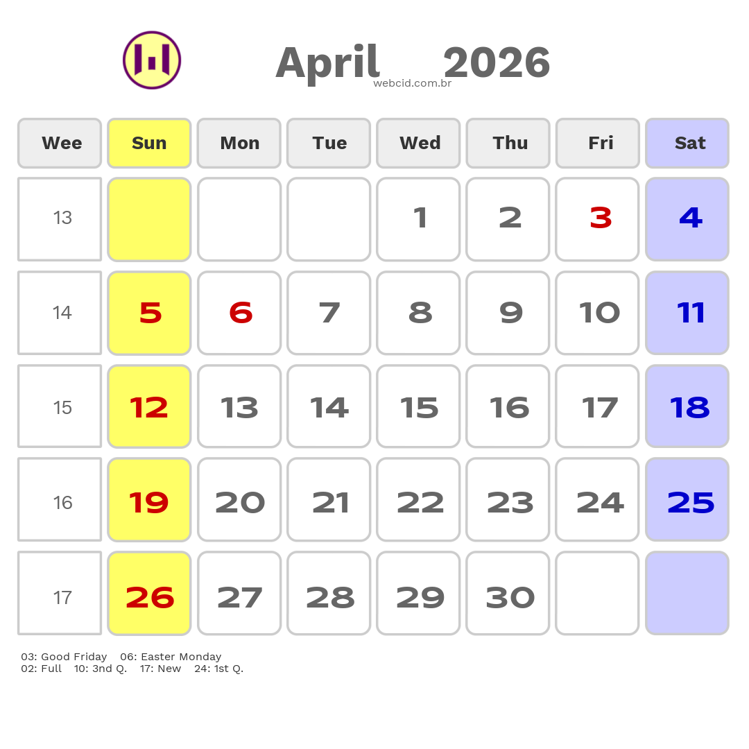 Calendar 2026 - April - Inglaterra com feriados e fases da lua