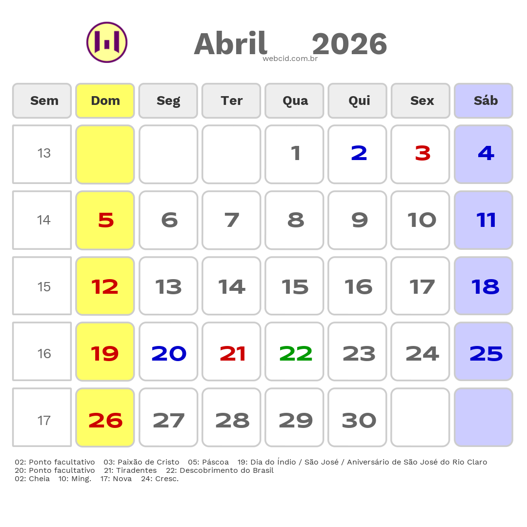 Calendário 2026 - Abril - São José do Rio Claro-MT com feriados e fases da lua