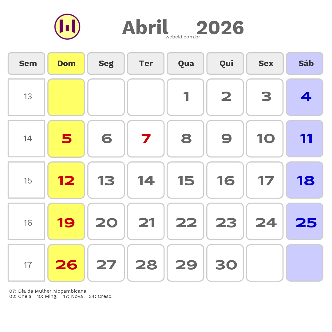 Calendário 2026 - Abril - Moçambique com feriados e fases da lua