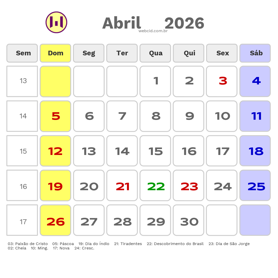 Calendário 2026 - Abril - Itaperuna-RJ com feriados e fases da lua
