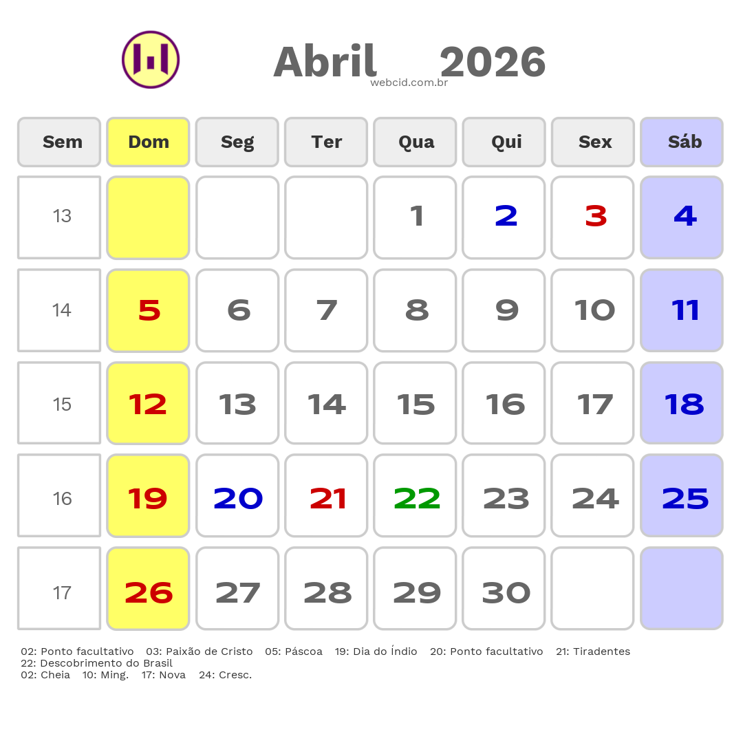 Calendário 2026 - Abril - Tubarão-SC com feriados e fases da lua