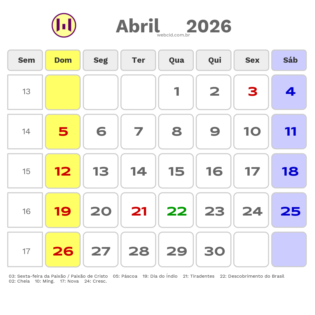 Calendário 2026 - Abril - Santos-SP com feriados e fases da lua