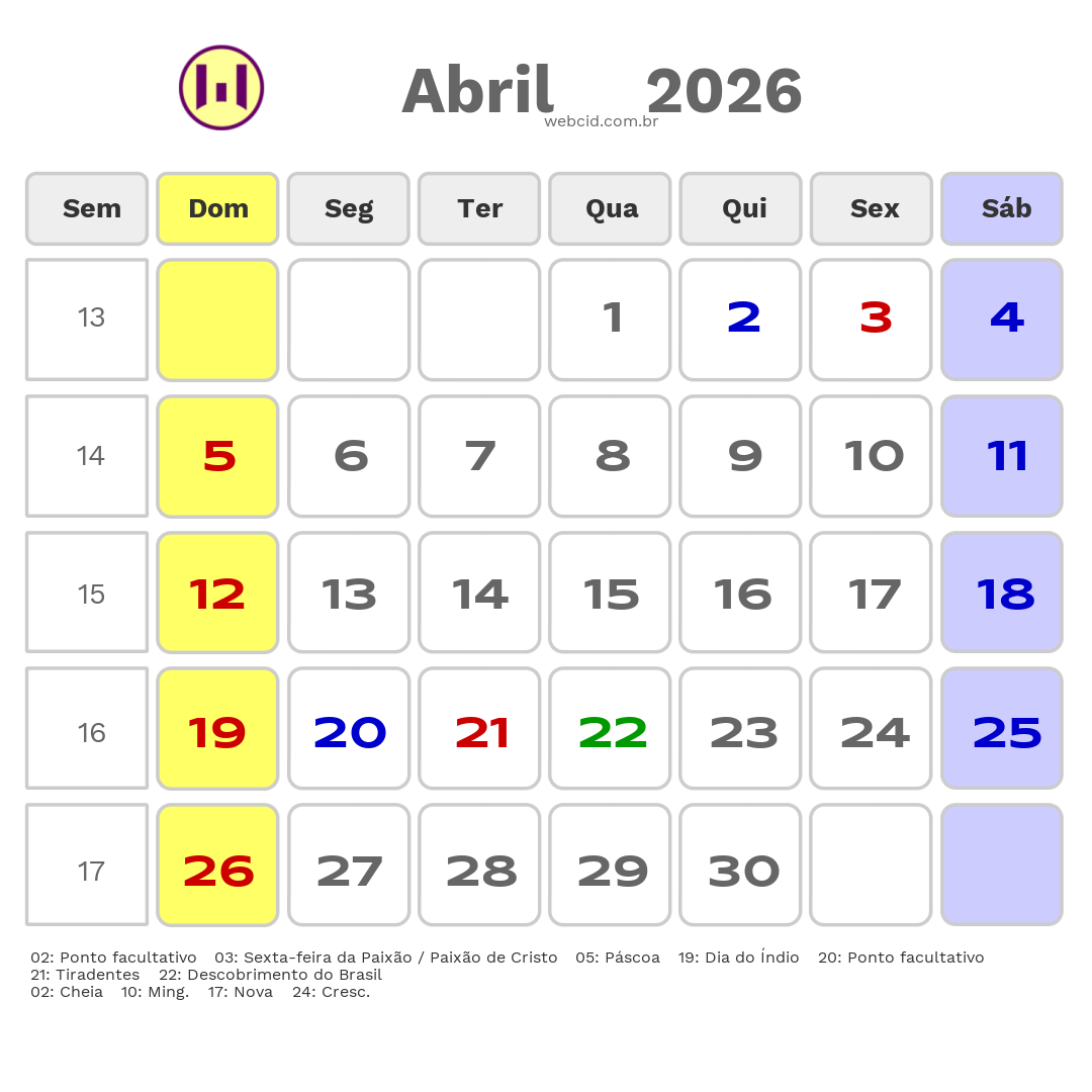 Calendário 2026 - Abril - São Roque-SP com feriados e fases da lua