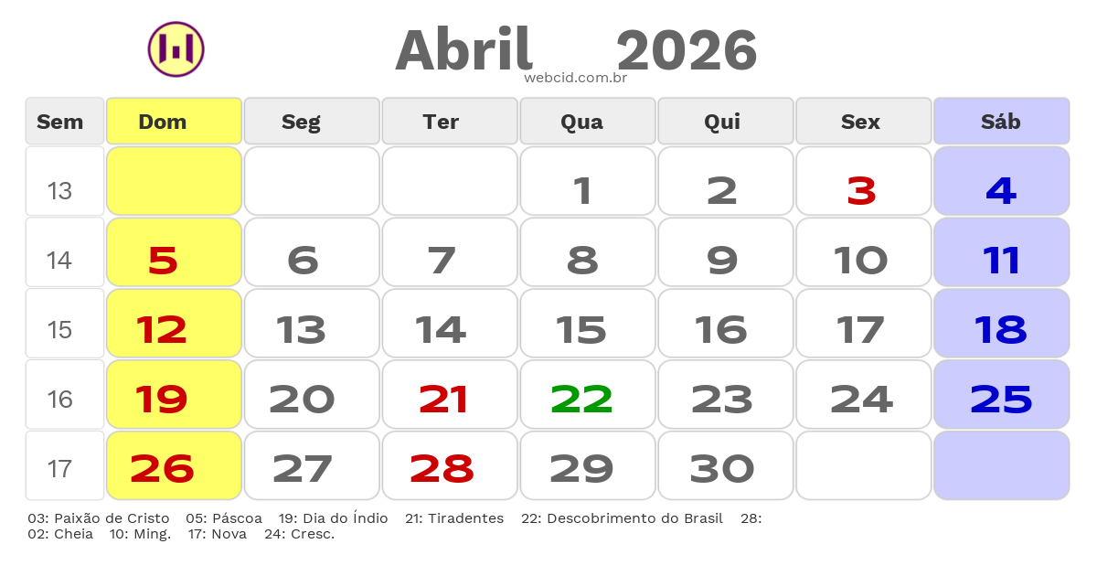 Calendário 2026 - Abril - Filadelfia-BA com feriados e fases da lua
