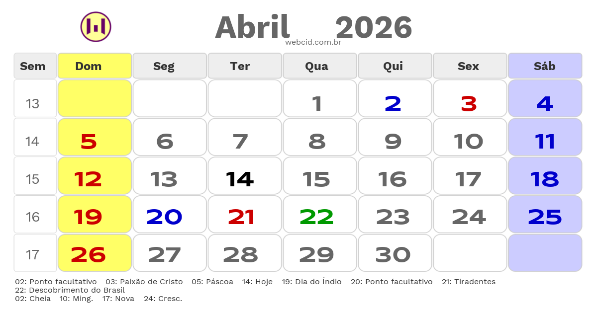 Calendário 2026 - Abril - Brasil com feriados e fases da lua